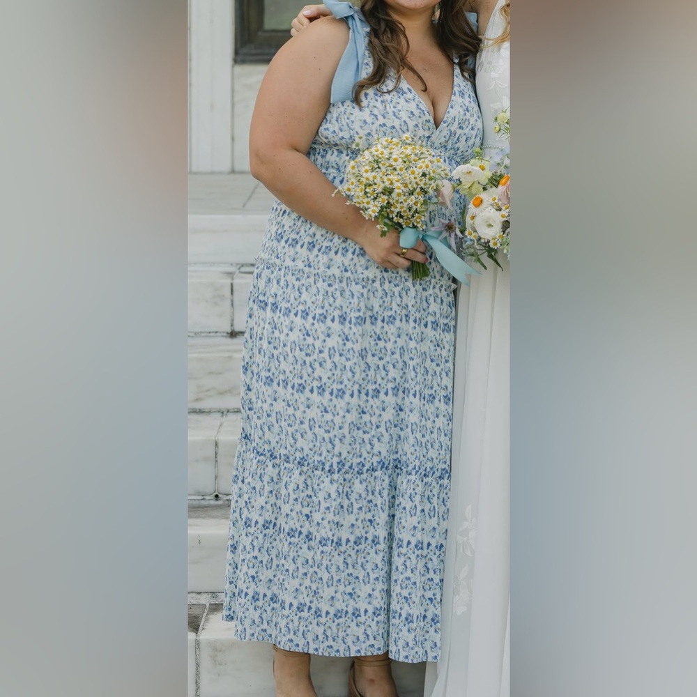 Storia Blue and White Ruffled Maxi Sundress